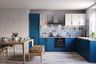 Contemporary L-Shaped Blue And White Space-Saving Kitchen With Moroccan Dado,  White Brick Wall And Wooden Dining Table - Livspace