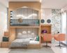 Kids Room With Space-Saving Furniture Including A wooden Bunk Bed, Study Table With Peach Accent Chairs - Livspace