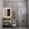 Grey bathroom floor tiles with black and white highlighter tiles - Livspace