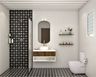Contemporary Herringbone And Circular Bathroom Tile Design In White And Black With Wall-Mounted Vanity Unit And Oval Mirror - Livspace
