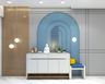 Art Deco Foyer Wall Design With Arched Blue Wall With Trims And Wooden Wall Panels - Livspace