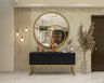 Spacious Foyer Design With Beige Textured Wallpaper, Beige Fluted Panels, Black Console Table, Round Mirror And Pendant Lights - Livspace