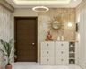 Foyer Design With 6-Drawer White Storage Unit, Grey-Gold Accent Wall, Sun-Shaped Mirror And Peripheral White Wall Ceiling Design - Livspace
