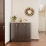 Contemporary Dark Wood And Beige Foyer Design With 3-Door Console Storage And Fish-Scale Inspired Wallpaper - Livspace