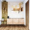 Foyer Design With Wooden Storage Unit, Brick Wall Panel And Hexagonal Mirrored Wall Decor - Livspace
