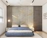 Guest Room Design With Blue Bed, White Side Tables, Light Grey Accent Wall, Fluted Panelling And Gold Inlay - Livspace