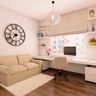 Minimal Home Office Design With White Study Table, Beige Swivel Chair And 2-Seater Beige Sofa - Livspace