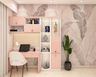 Spacious Pink And White Home Office Design With White Accent Chair And Grey-White Leafy Wallpaper - Livspace
