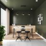 Spacious Home Office Design With White Study Table, Dark Green Accent Walls And Wooden Storage Unit - Livspace