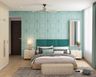 Kids Room Design With Sea Green Accent Wall, Queen-Size Bed With Turquoise Headboard, 2-Door Champagne-Toned Swing Wardrobe With Lofts And Oval Beige Seater - Livspace