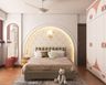 Spacious Girls Room Design With Queen-Size Bed And Brown Headboard, Arched Wall Niche With Floral Wallpaper, Red Ottoman With Wall Mirror And 4-Door Peach And White Swing Wardrobe - Livspace
