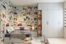 Spacious Boys Room Design With Car-Themed Wallpaper, White Bed With L-Shaped Headboard And 4-Door White Swing Wardrobe - Livspace