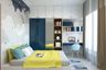 Modern Kids Bedroom Design With Themed Wallpaper And 2-Door Blue Swing Wardrobe With Mirror, Loft Storage And Integrated Study Table - Livspace