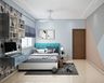 Boys Room Design With Blue Headboard Bed, Tri-Toned Wall, Beige And Blue Study Table And Multicoloured Wallpaper - Livspace