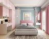 Pink Spacious Kids Room Design For Girls With Pink Bed, Dual-Toned Wall, 2-Door Pink Wardrobe And Integrated Study Table - Livspace