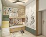 Kids Room Design With Wooden Bunk Bed, Multicoloured Staircase With Storage Units, 3-Door White And Green Swing Wardrobe With Rabbit Motif And Space-Themed Wallpaper - Livspace