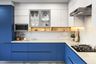White And Blue Spacious L-Shape Kitchen Design With Wooden Open Storage And Quartz Countertop - Livspace