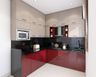 Modular L-Shaped Red And Beige Kitchen Cabinets
