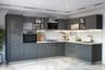 Classic L-Shape Grey Kitchen Design With Marble Kitchen Backsplash And False Ceiling With Track Lights - Livspace