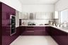 White And Deep Purple Kitchen Cabinets With White Subway Tiles And Terrazzo Countertop - Livspace