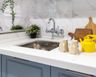 Square Stainless Steel Basin wash With White Countertop And Blue Cabinets - Livspace