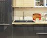 Rectangle Black Quartz Top Mount Kitchen Sink With Beige Countertop And Black Cabinets - Livspace