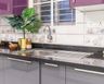 Stainless Steel Sink With Drainboard, Dark Grey Kitchen Countertop And Purple-Grey Kitchen Cabinets - Livspace