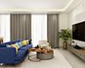 Living Room Design With Blue Sofa, Grey And Wood Coffee Tables, Glossy Grey TV Console And Cream-Toned Accent Chair - Livspace
