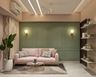 Contemporary Living Room Design with Pink Sofa and Wall-Mounted Shelves - Livspace