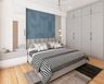 Contemporary Master Bedroom Design with Blue Accent Wall and Grey Panelled Headboard - Livspace