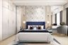 Modern Master Bedroom Design with Queen-size Bed, Dark Blue Accents, Light Blue Side Tables, and Wall-mounted Dressing Unit - Livspace