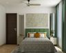 Compact Master Bedroom With Green Headboard, Wall-Mounted Beige Side Tables And Mosaic Wallpaper Within Wall Trims - Livspace