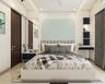 Master Bedroom With Highlighted Blue And White Accent Wall, Grey Bed, Dark Blue And White Storage Units - Livspace