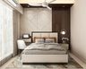 Master Bedroom With Beige Textured Wall With Gold Stripes, Wooden Panels And Beige Tufted Bed - Livspace