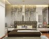 Master Bedroom Design With Brown Textured Headboard, Grey And Mirrored Wall Panels With Gold Stirpes And Storage Solutions - Livspace
