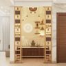 Mandir Design With Wooden Drawer-Cabinet Storage, Wall-Mounted Wooden Shelves, Marble Accent Wall And Brightly Lit Om Mandala - Livspace