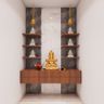 Modern Pooja Unit With Wall-Mounted Wooden Storage, Wall-Mounted Shelves, Marble Wall Panel And Geometric Grey Wallpaper - Livspace