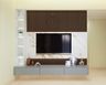 Grey And White Wall-Mounted TV Unit Design With Open White Shelves Unit, Grey Console Table, White Marble Accent Wall And Wooden Panels - Livspace