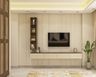 Wall-Mounted Champagne-Toned And Wood TV Unit Design With Beige Accent Wall And Panelling - Livspace