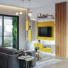 Wall-Mounted Yellow And White TV Unit Design With Marble Panel And Vertical Grooves - Livspace