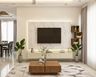 Spacious Champagne-Toned Wall-Mounted TV Console With Marble Back Panel And Recessed Lights For Hall - Livspace