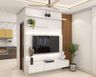 Wall-Mounted White TV Unit Design With White Console, White Shelves And Vertical Wooden Panelling - Livspace