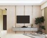 Wall-Mounted Grey TV Console Design With Light Pink Textured Walls And Vertical Gold Panels - Livspace