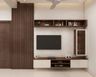 Wood And White TV Unit Design With Marble Back Panel, Vertical Grooves And Overhead Open Shelves - Livspace