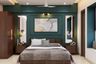 Mid-Century Modern Dark Green Wall Design And Trims With Abstract Painting, Pendant Lights And Wooden Bed - Livspace