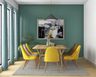 Sea-Green Wall Paint Contrasted By 6-Seater Wooden Dining Table And Multicoloured Chairs - Livspace