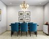 Abstract White And Brown Dining Room Wallpaper Design With 6-Seater Dining Table And Blue Chairs - Livspace
