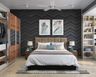 Rich Black And Grey Wallpaper Design With Chevron Pattern, Wooden Sliding Wardrobe, Beige Flooring And White Wall Frames - Livspace