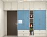 Spacious White And Blue 4-Door Swing Wardrobe Design With Loft Storage, White Shelf Unit And Drawer Storage - Livspace