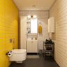 White-Yellow And Black Bathroom Design With Shutter Storage Unit - Livspace